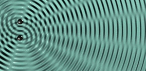 Interaction of X.rays wkith two electrons, The waves produced by each electron interact with each other.