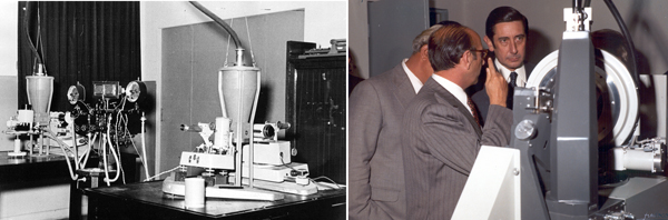 Left: Cameras and X-ray tubes used in Madrid during the 60's. Right: The first atomated 4-circle diffractometer in Spain